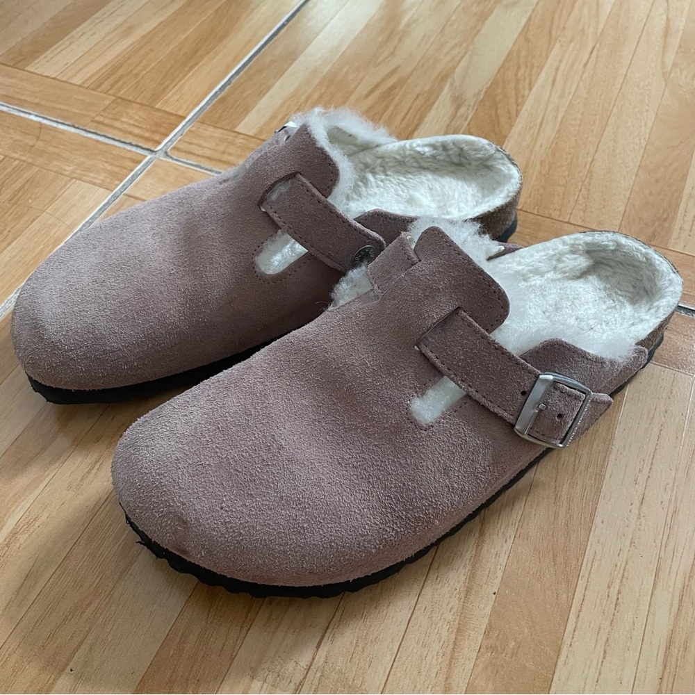 Birkenstock Boston Shearling Pink Suede Clogs